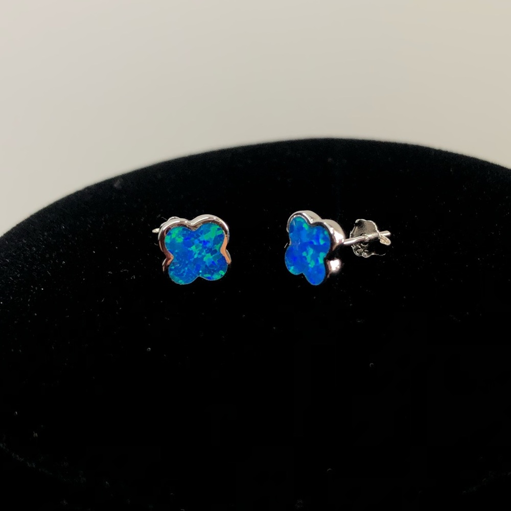 925 Sterling Silver Clover Flower Earrings with Blue Lab Opal